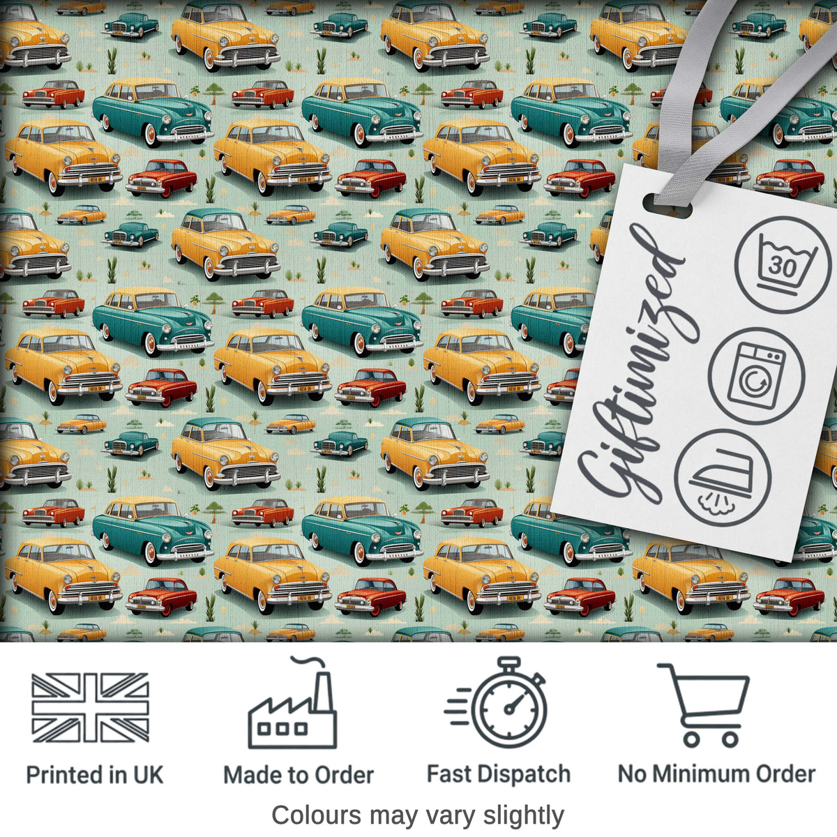 Mid Century Classic Cars Scenic Pattern Seamless Digital Print Fabric by the Metre UK Sewing Quilting Textile