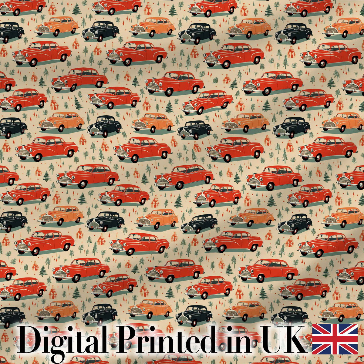 Festive Vintage Cars Holiday Pattern Seamless Digital Print Fabric by the Metre UK Sewing Quilting Textile