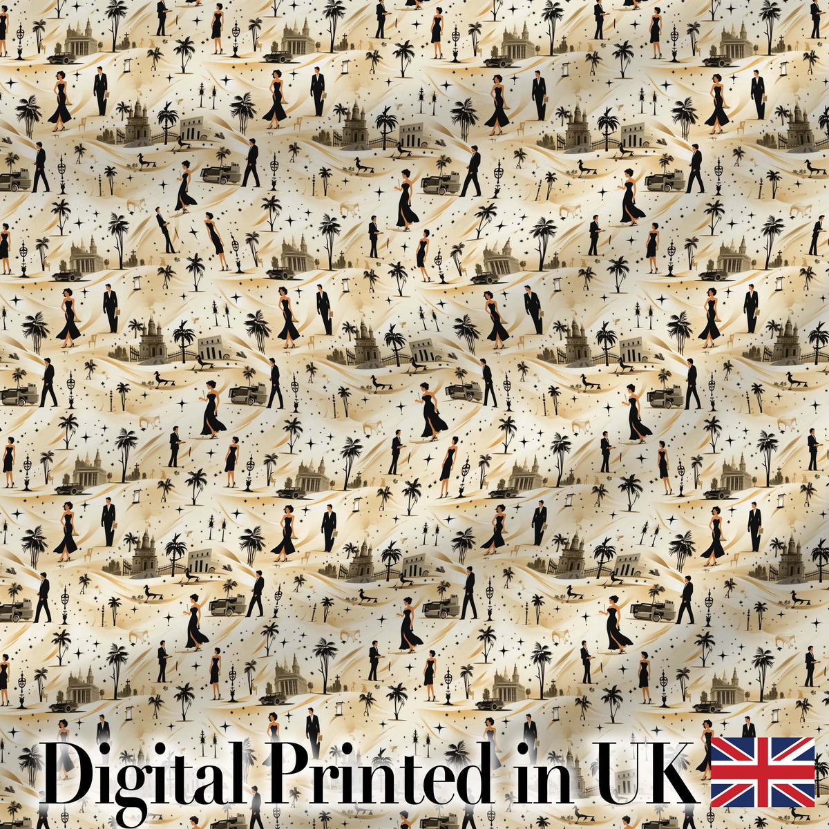 Vintage Desert Scene Couples and Landmarks Pattern Seamless Digital Print Fabric by the Metre UK Sewing Quilting Textile