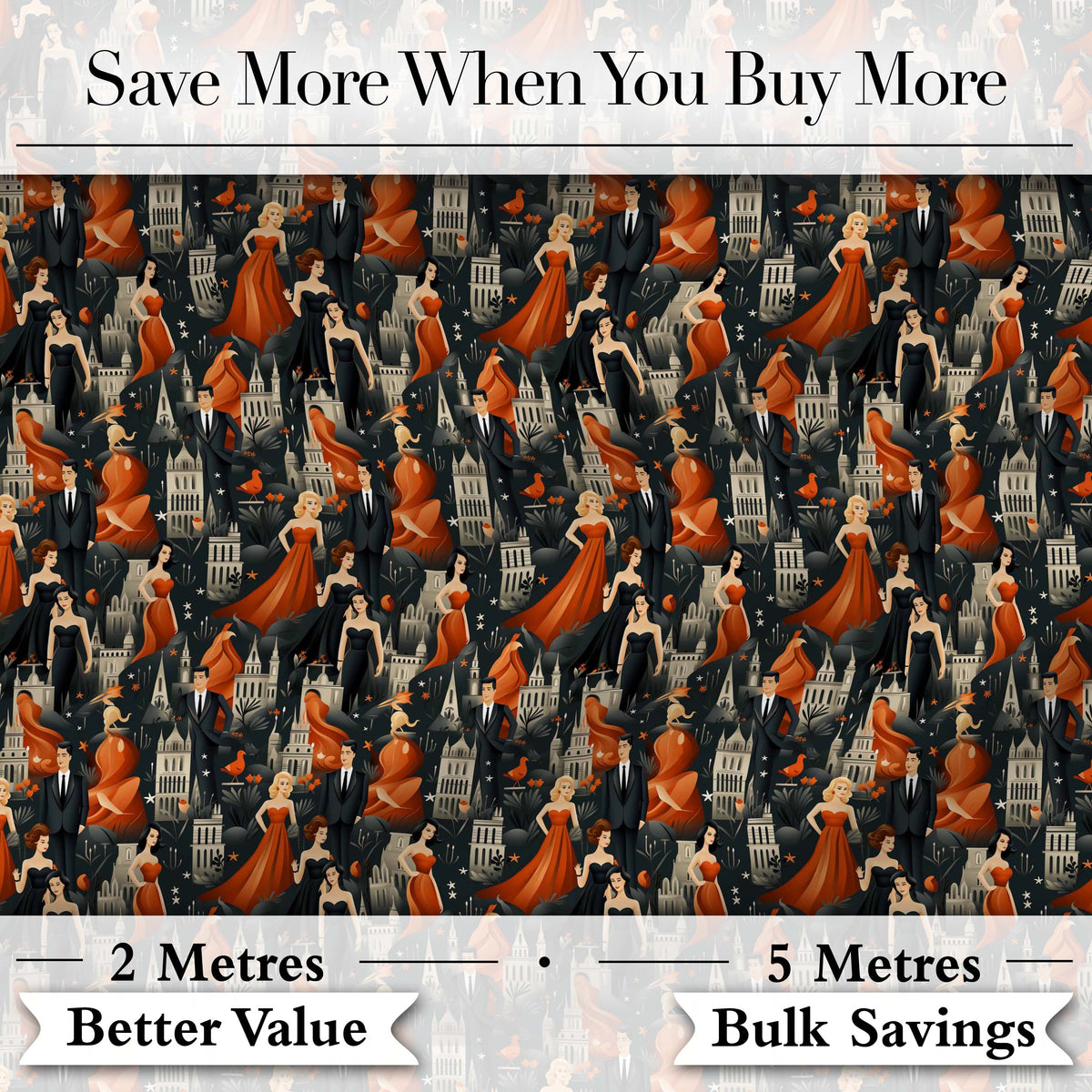 Elegant Vintage Evening Couples Cityscape Seamless Pattern Digital Print Fabric by the Metre UK Sewing Quilting Textile