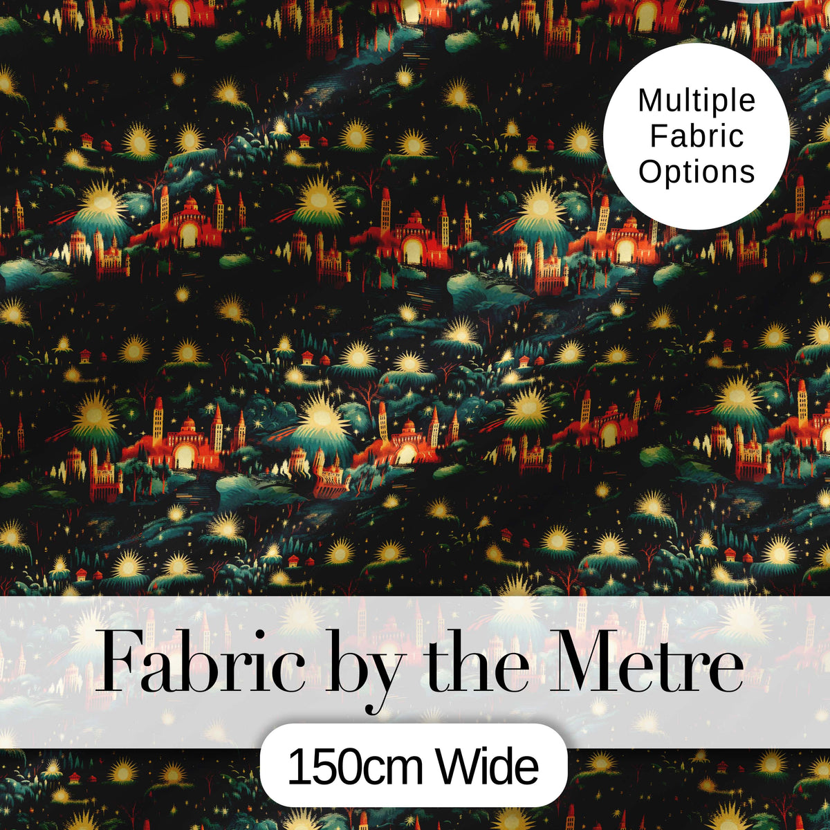 Magical Night Cityscape with Stars and Hills Seamless Pattern Digital Print Fabric by the Metre UK Sewing Quilting Textile