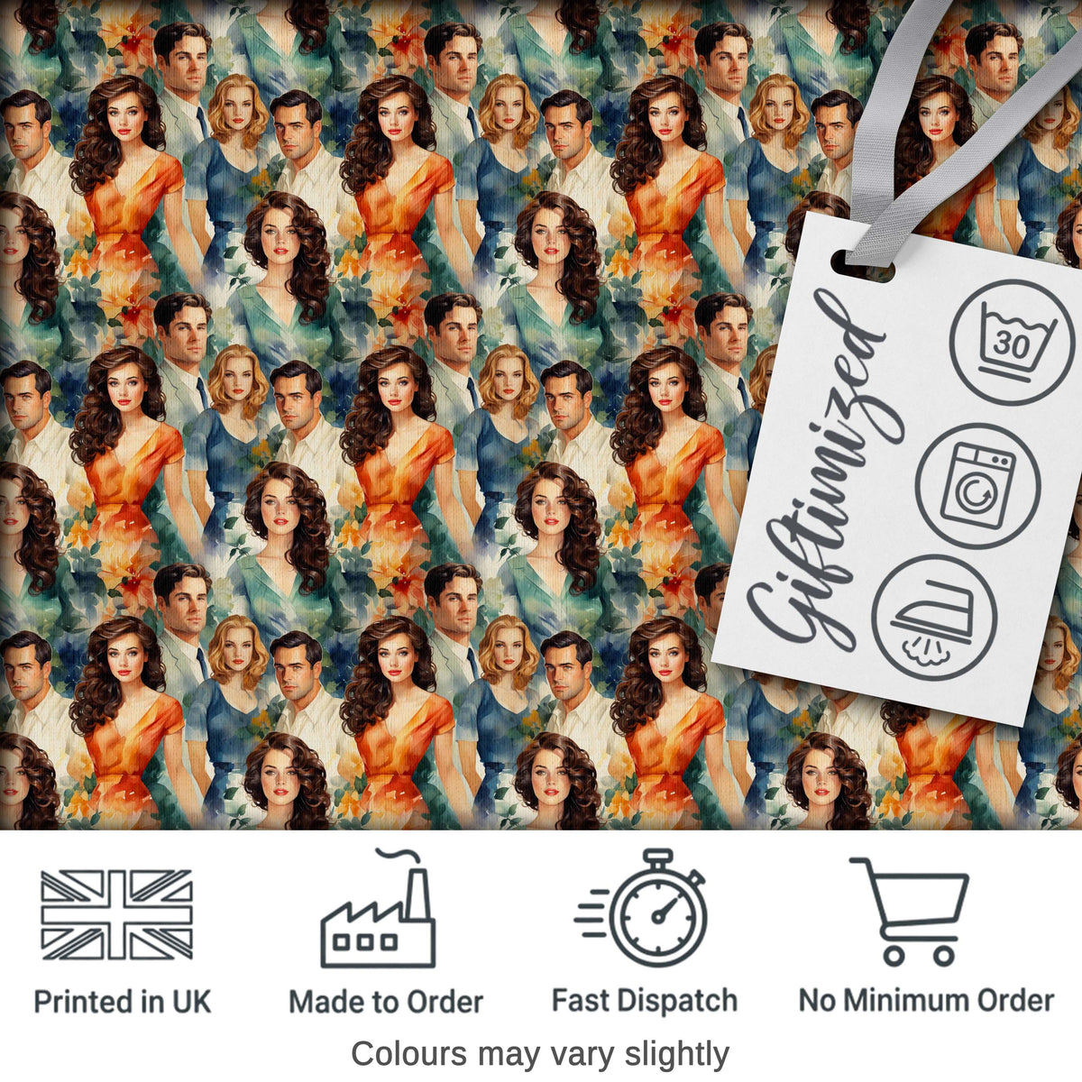 Romantic Vintage Couples Floral Portrait Seamless Pattern Digital Print Fabric by the Metre UK Sewing Quilting Textile