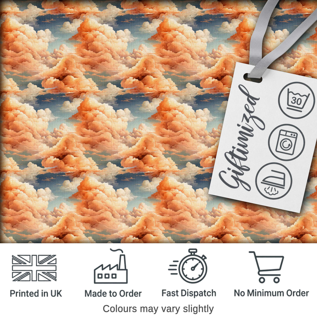 Dreamy Warm Sunset Clouds Sky Seamless Pattern Digital Print Fabric by the Metre UK Sewing Quilting Textile
