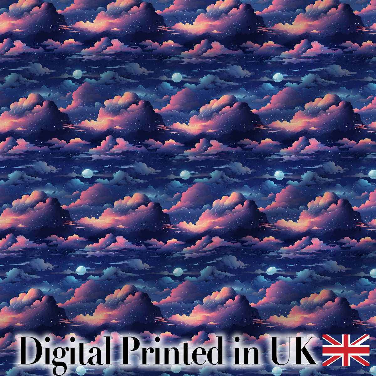 Dark Starry Night Clouds Moon Sky Seamless Pattern Digital Print Fabric by the Metre UK Sewing Quilting Textile
