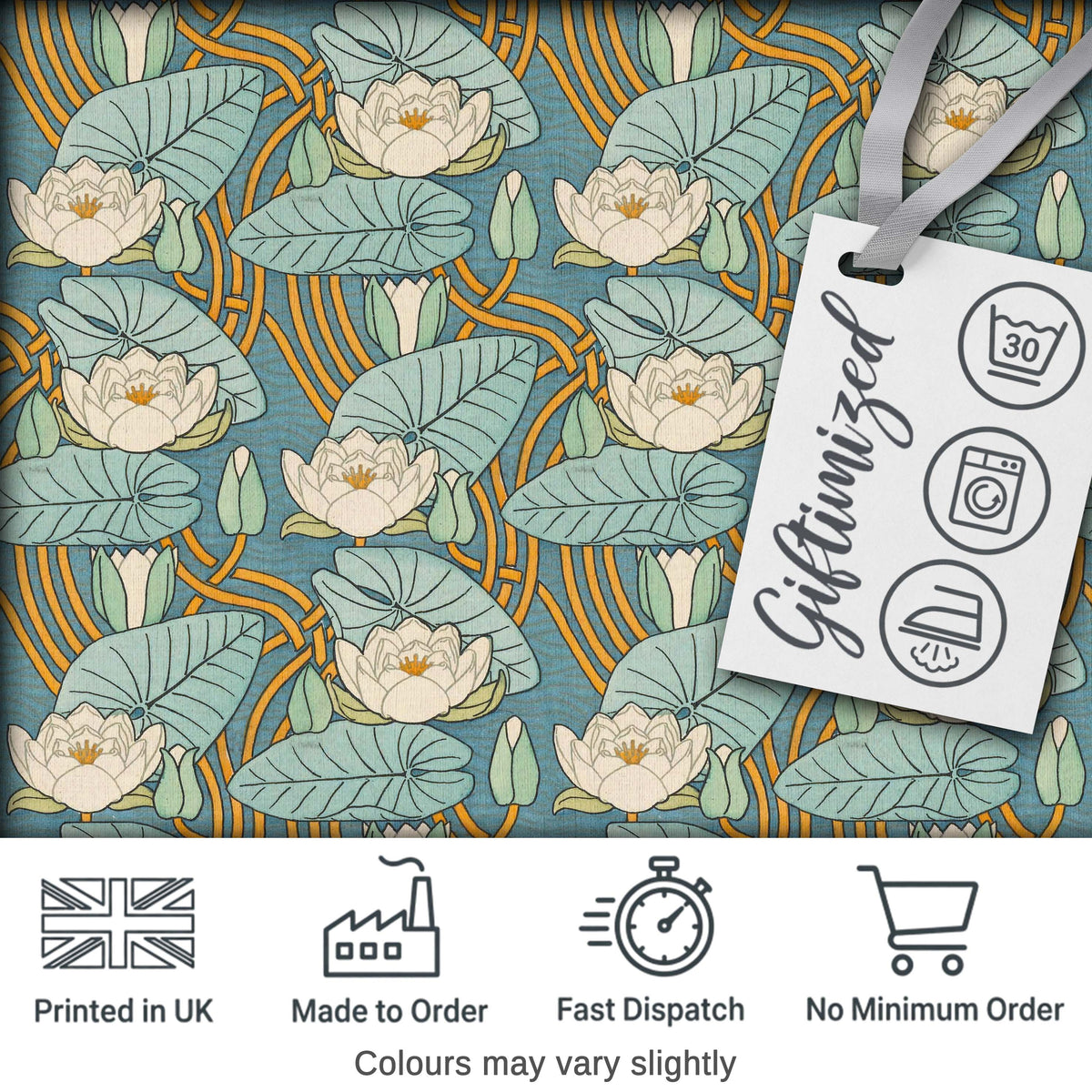 Art Nouveau Lily Pond Floral Seamless Pattern Digital Print Fabric by the Metre UK Sewing Quilting Textile