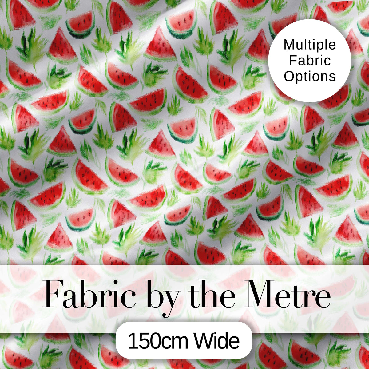 Watercolor Watermelon Slices with Green Leaves Seamless Pattern Digital Print Fabric by the Metre UK Sewing Quilting Textile