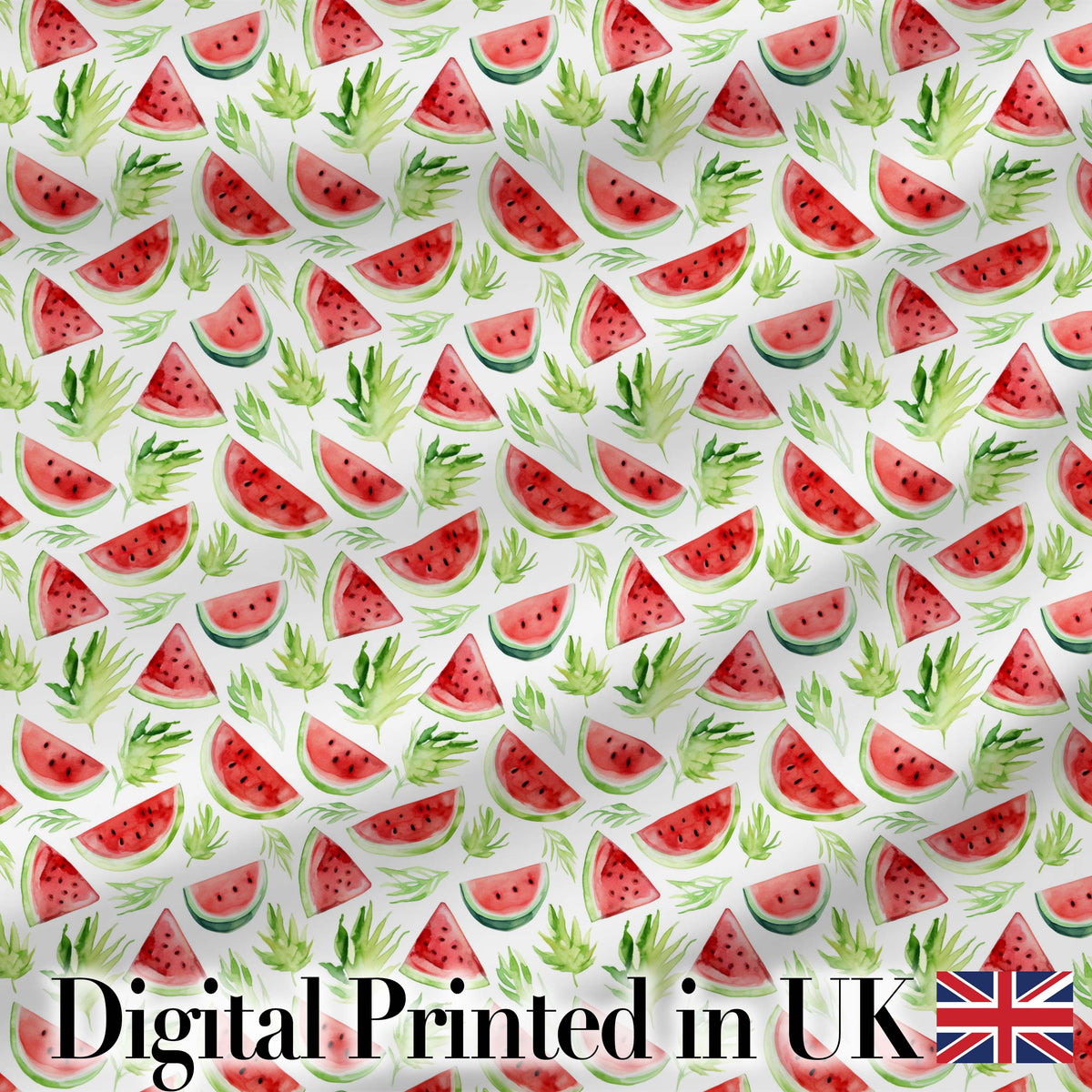 Watercolor Watermelon Slices with Green Leaves Seamless Pattern Digital Print Fabric by the Metre UK Sewing Quilting Textile