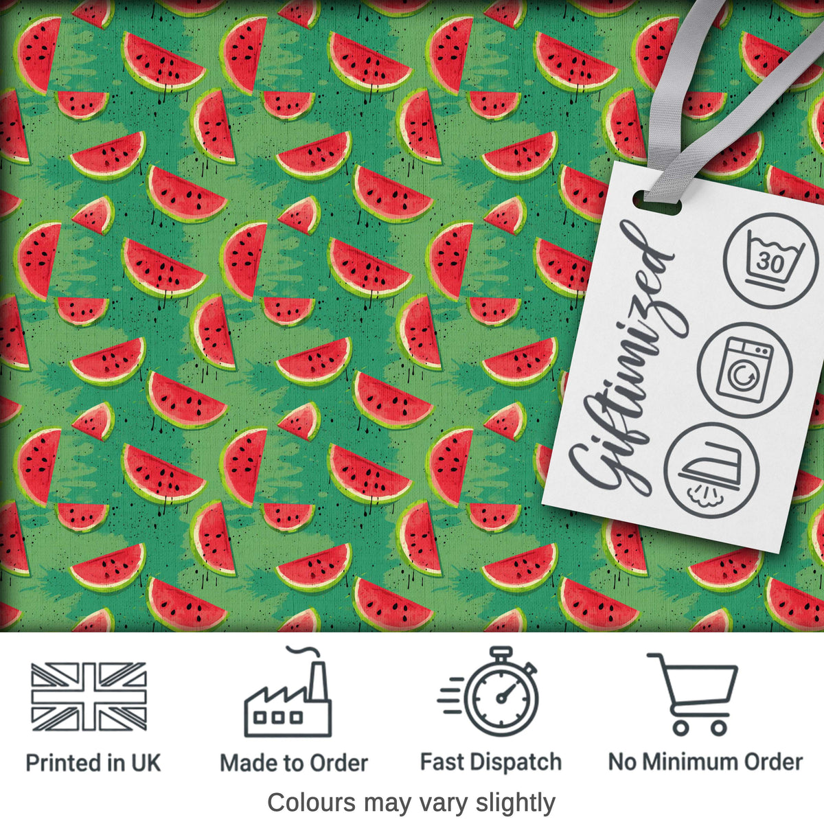 Watermelon Slices on Green Painted Background Seamless Pattern Digital Print Fabric by the Metre UK Sewing Quilting Textile