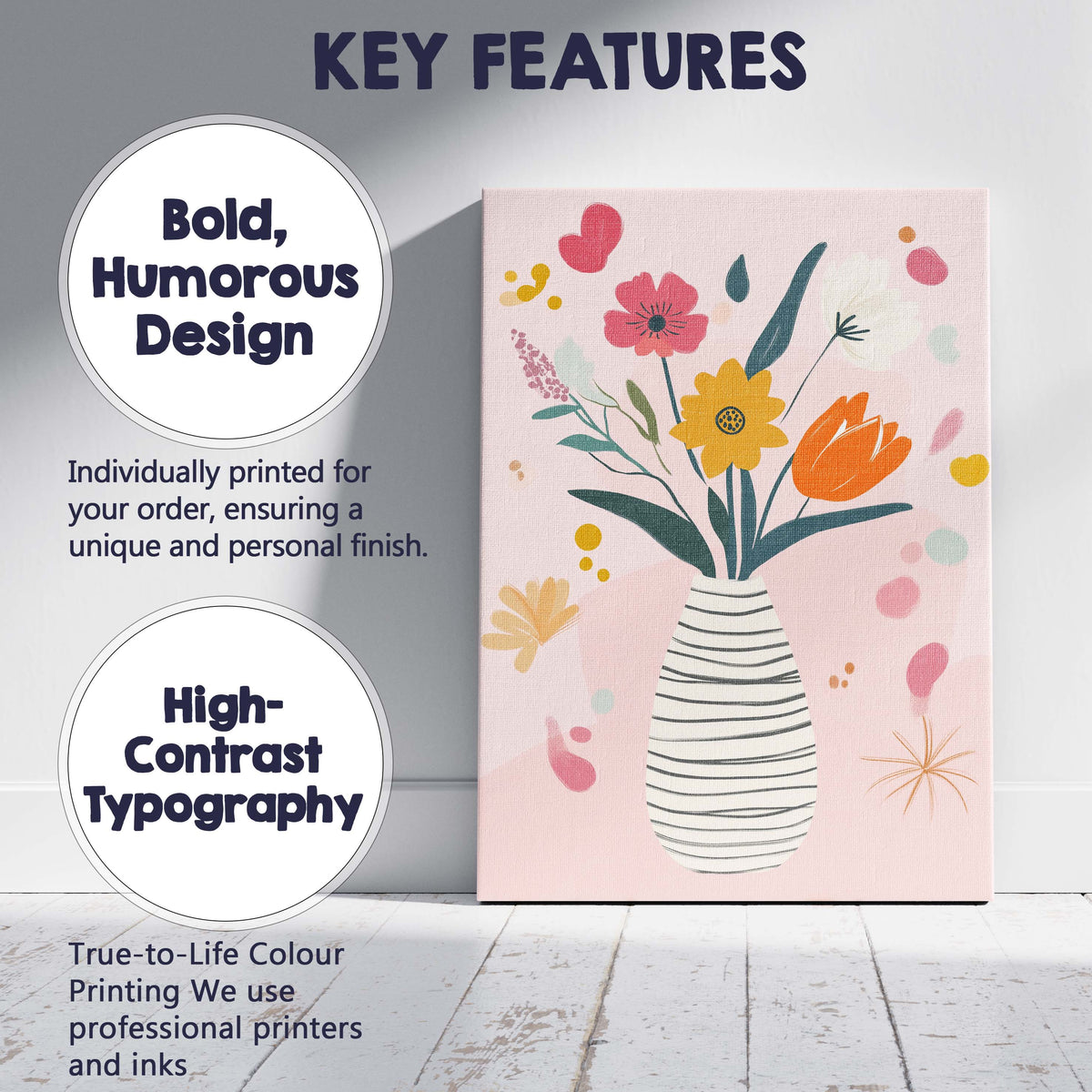 Pastel Botanical Flower Arrangement with Modern Vase Illustration Canvas Wall Art Print Decor Picture Ready to Hang