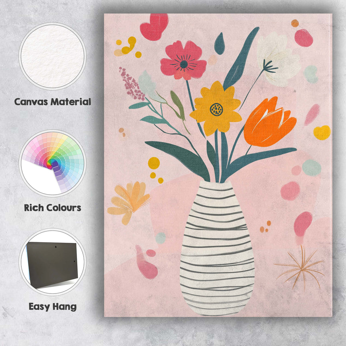 Pastel Botanical Flower Arrangement with Modern Vase Illustration Canvas Wall Art Print Decor Picture Ready to Hang