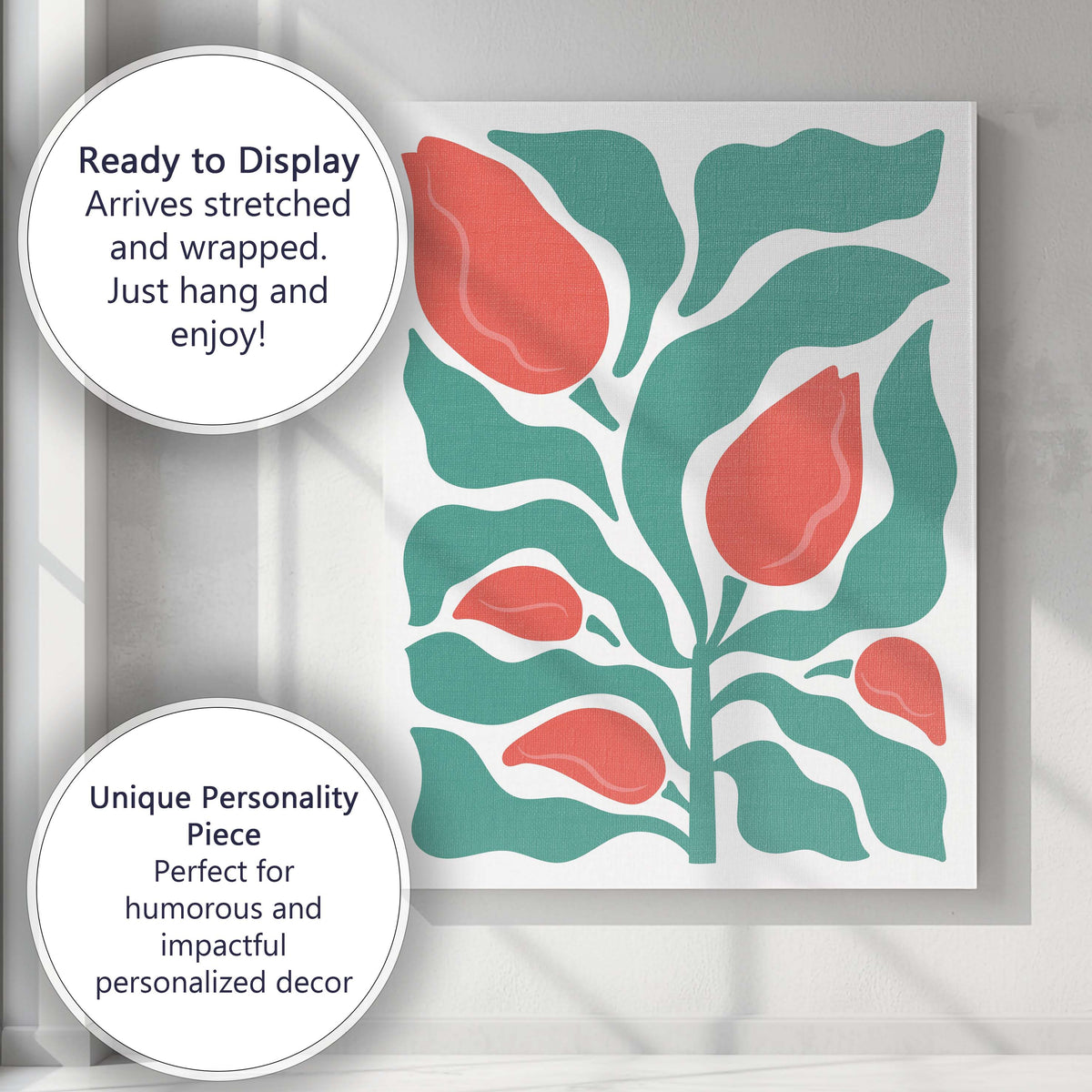 Coral Tulip Bud Floral Scandinavian Folk Art Illustration Canvas Wall Art Print Decor Picture Ready to Hang