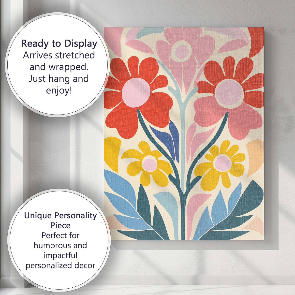 Scandinavian Folk Art Floral Bouquet in Coral Pink and Mustard Tones Canvas Wall Art Print Decor Picture Ready to Hang