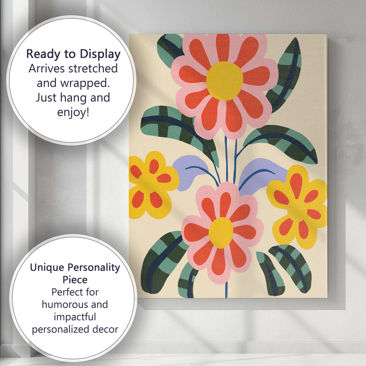 Retro Folk Flower Arrangement with Pink Petals and Patterned Leaves Canvas Wall Art Print Decor Picture Ready to Hang