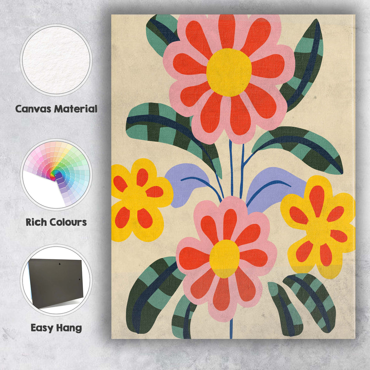 Retro Folk Flower Arrangement with Pink Petals and Patterned Leaves Canvas Wall Art Print Decor Picture Ready to Hang