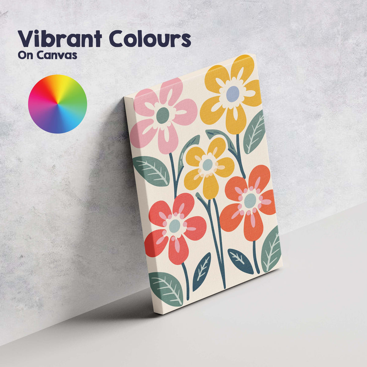 Mid Century Floral Garden with Colourful Blooms and Botanical Leaves Canvas Wall Art Print Decor Picture Ready to Hang