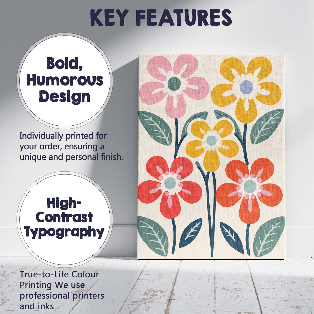 Mid Century Floral Garden with Colourful Blooms and Botanical Leaves Canvas Wall Art Print Decor Picture Ready to Hang