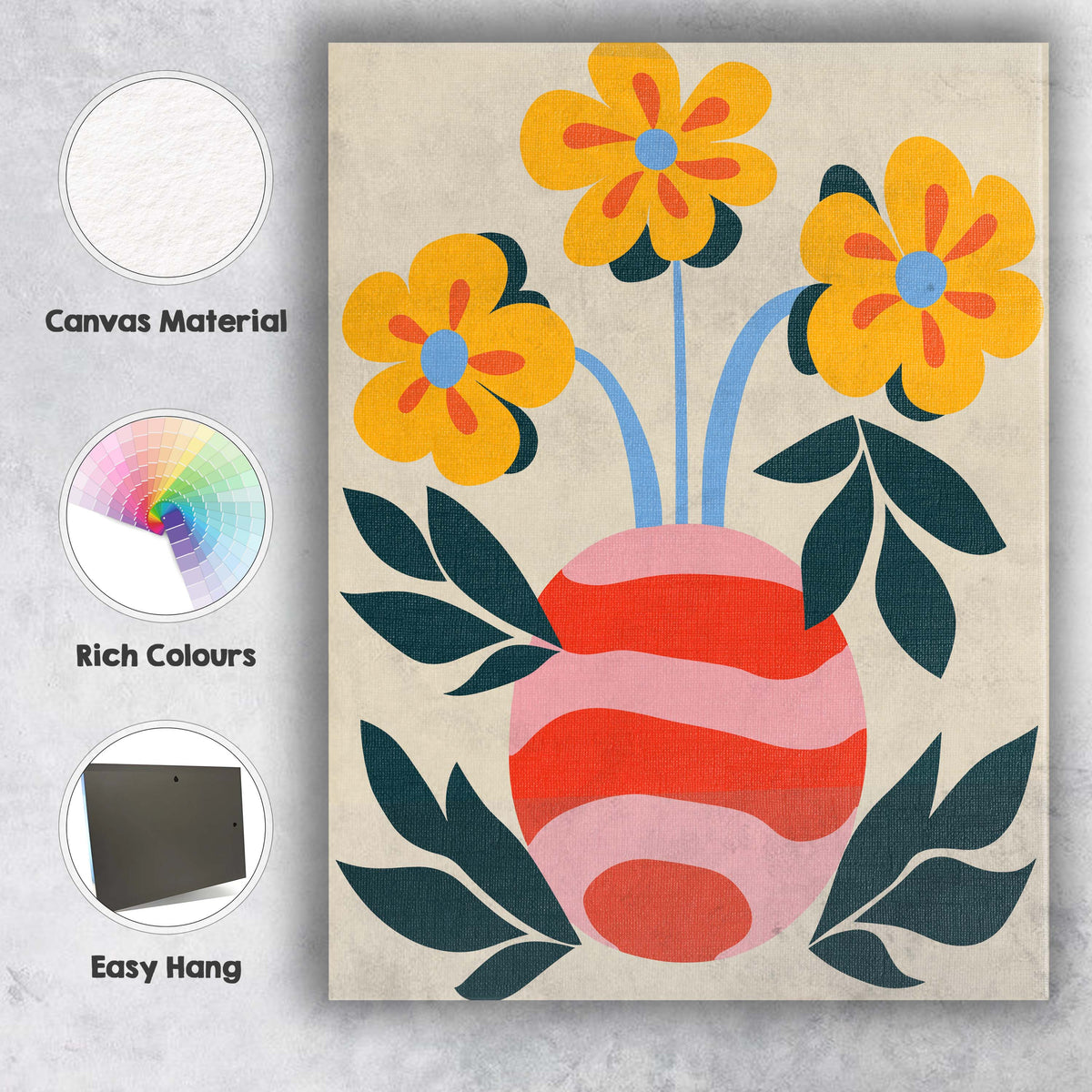 Modern Yellow Flower Arrangement in Abstract Pink Vase Canvas Wall Art Print Decor Picture Ready to Hang