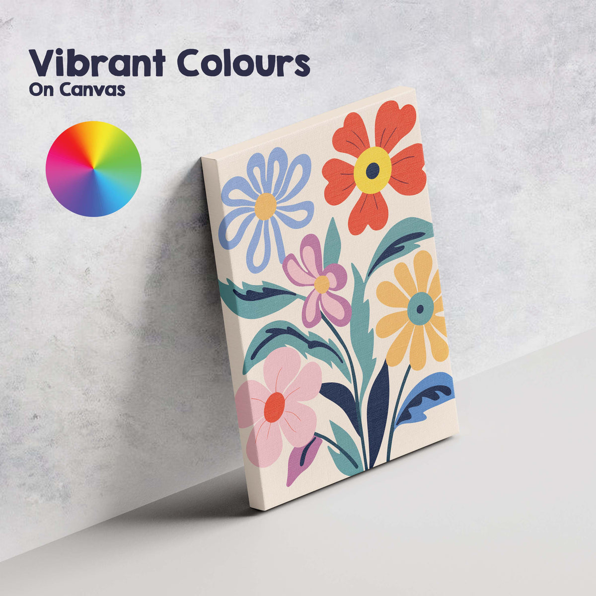 Colourful Wildflower Botanical Illustration with Decorative Leaves Canvas Wall Art Print Decor Picture Ready to Hang