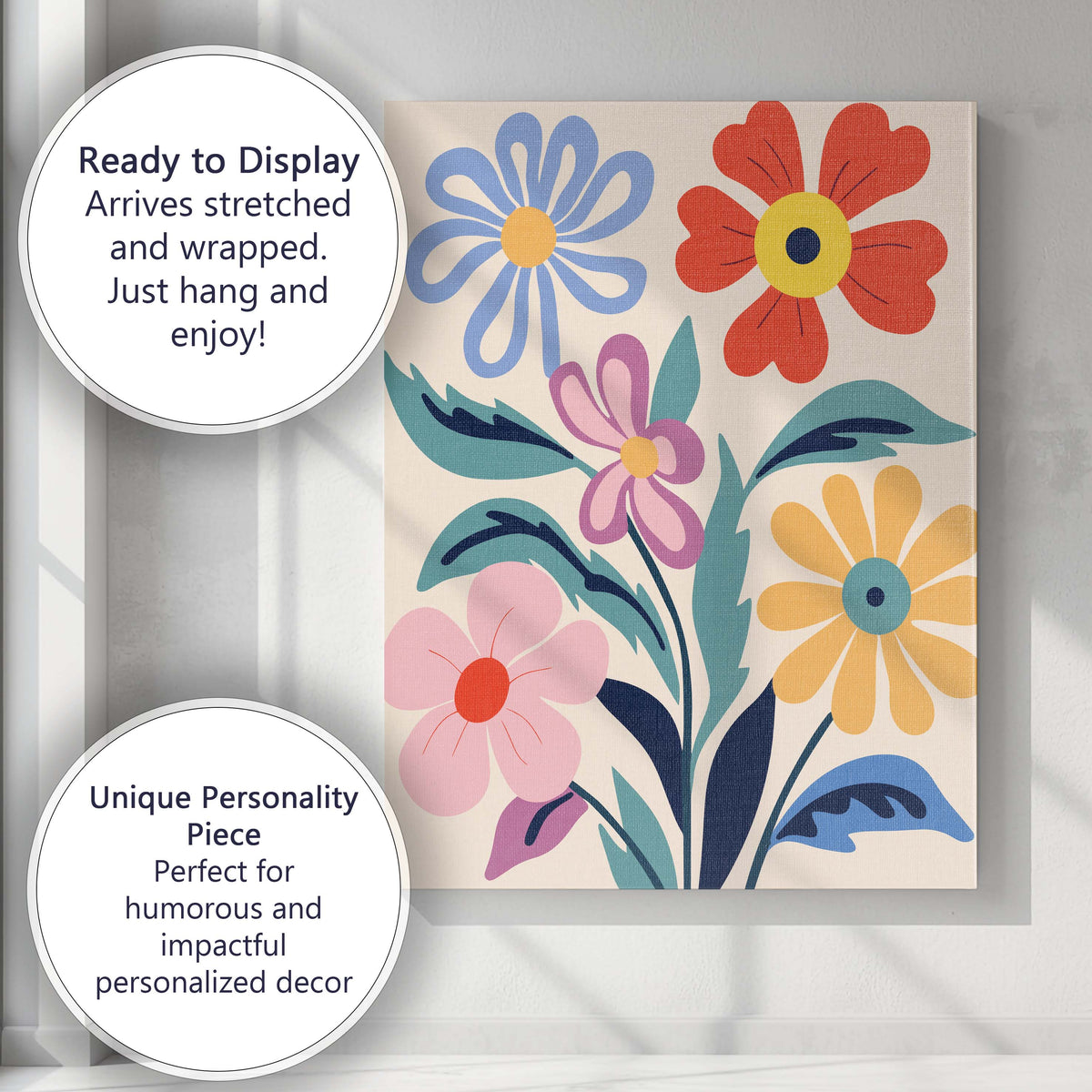 Colourful Wildflower Botanical Illustration with Decorative Leaves Canvas Wall Art Print Decor Picture Ready to Hang