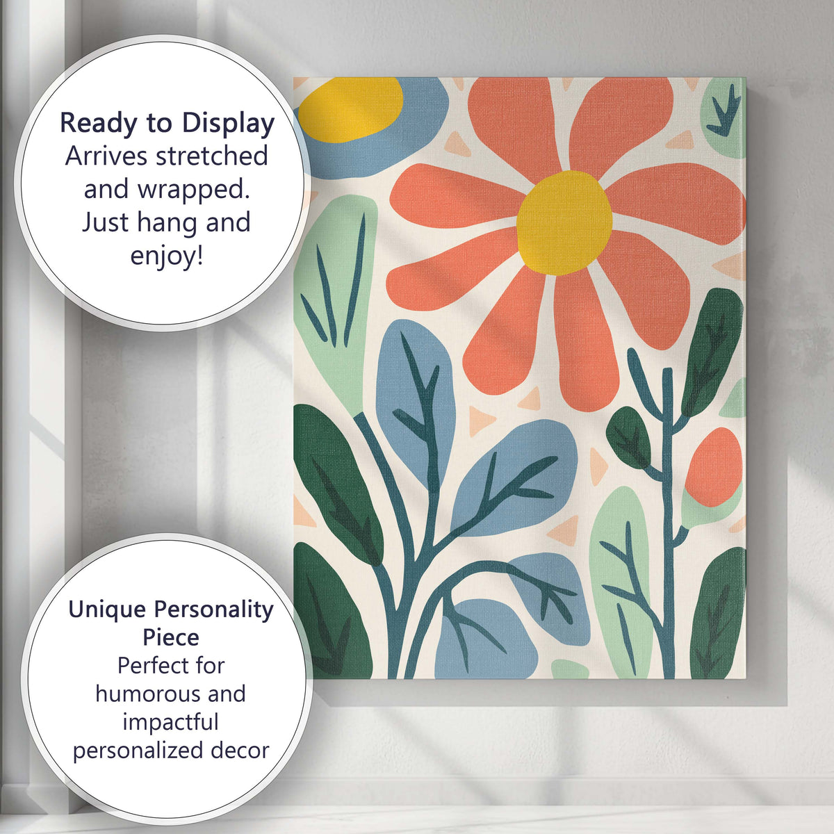 Coral Daisy Flower Botanical Garden Folk Art Design Canvas Wall Art Print Decor Picture Ready to Hang