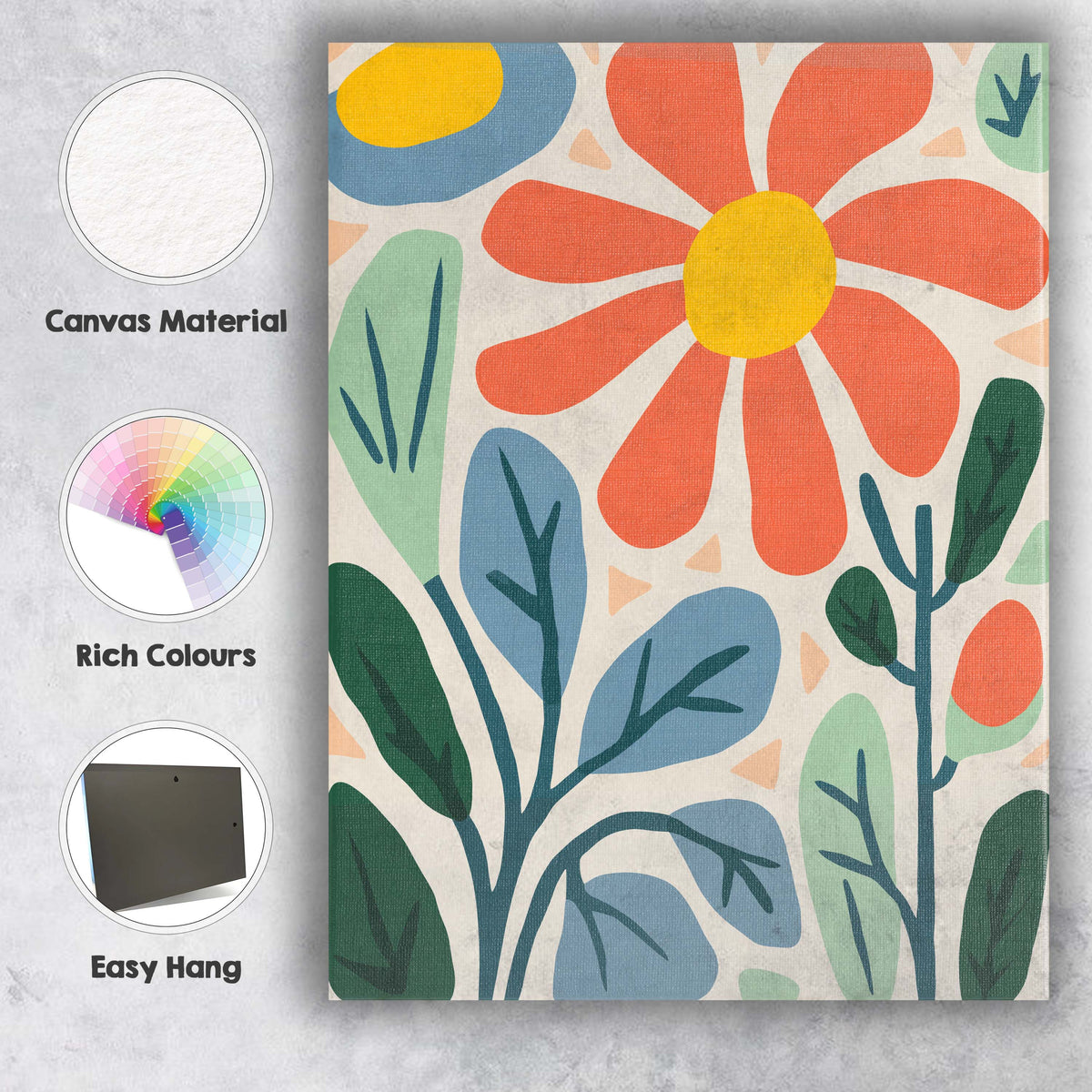 Coral Daisy Flower Botanical Garden Folk Art Design Canvas Wall Art Print Decor Picture Ready to Hang