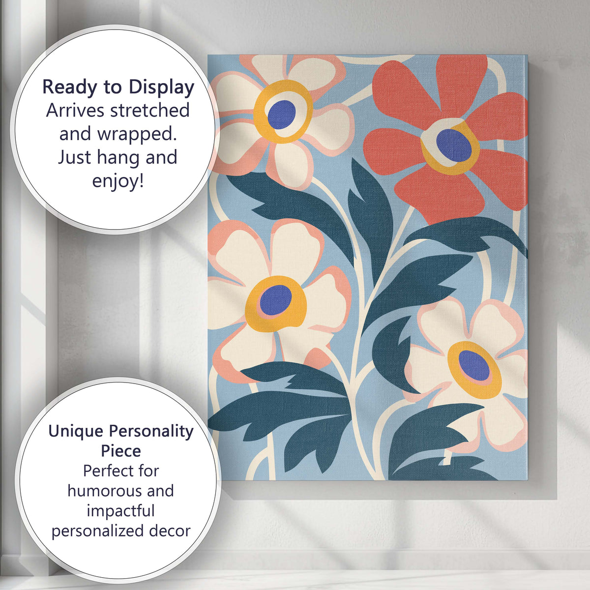 Pastel Floral Composition with Cream Blossoms on Blue Background Canvas Wall Art Print Decor Picture Ready to Hang