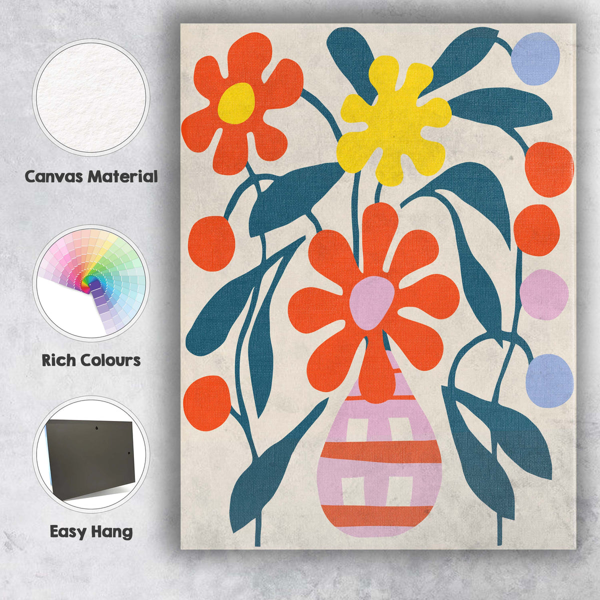 Retro Floral Arrangement with Berries and Striped Pink Vase Canvas Wall Art Print Decor Picture Ready to Hang