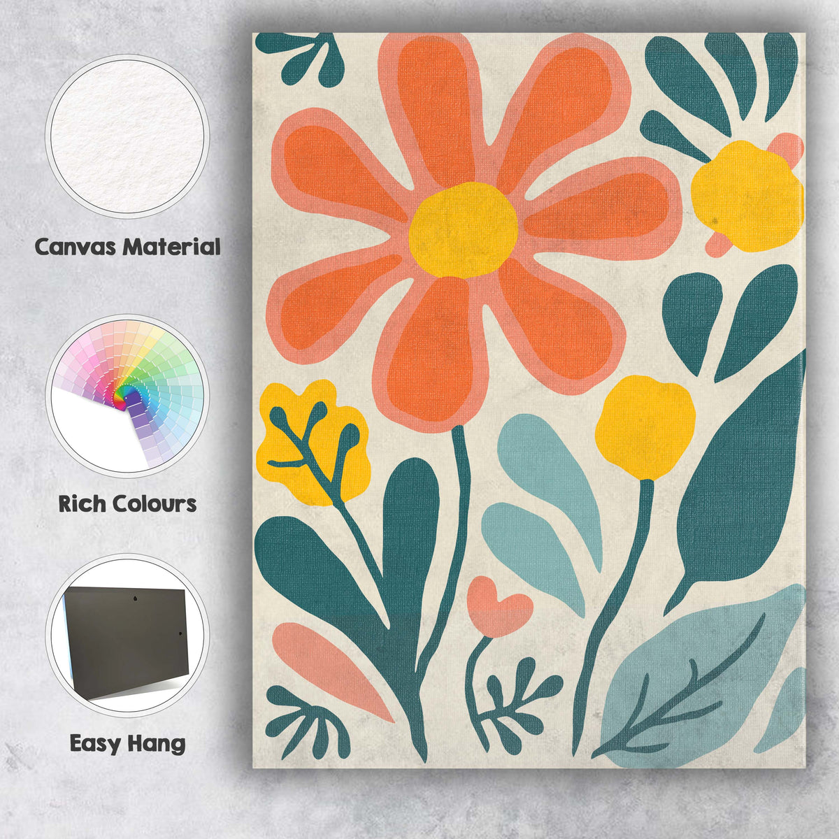 Playful Peach Daisy Floral Illustration with Abstract Botanical Elements Canvas Wall Art Print Decor Picture Ready to Hang