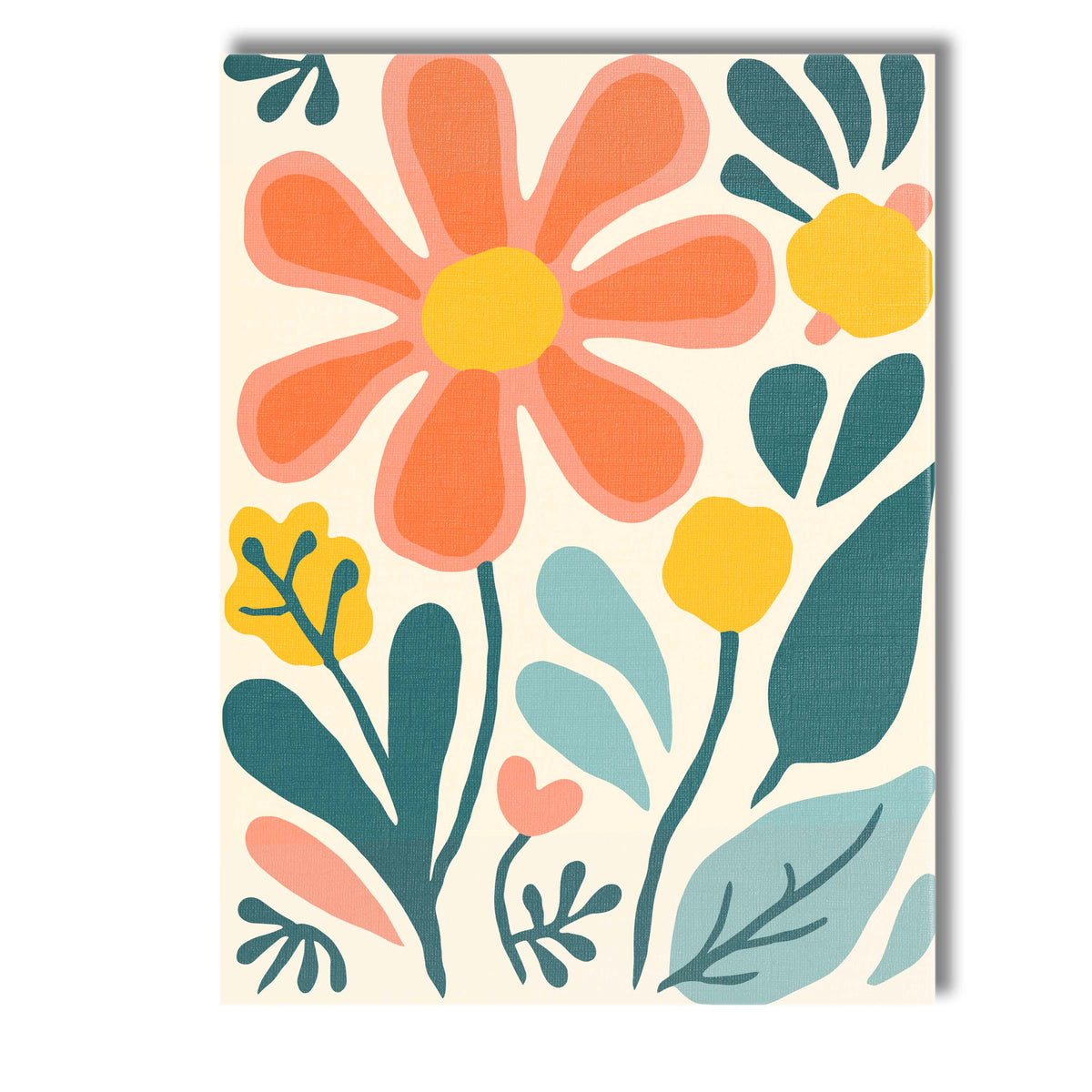 Playful Peach Daisy Floral Illustration with Abstract Botanical Elements Canvas Wall Art Print Decor Picture Ready to Hang