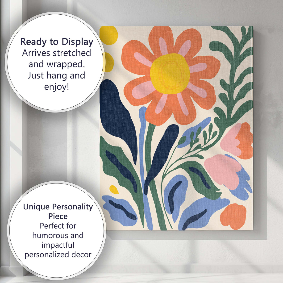 Modern Botanical Garden with Coral Flower and Blue Green Leaves Canvas Wall Art Print Decor Picture Ready to Hang