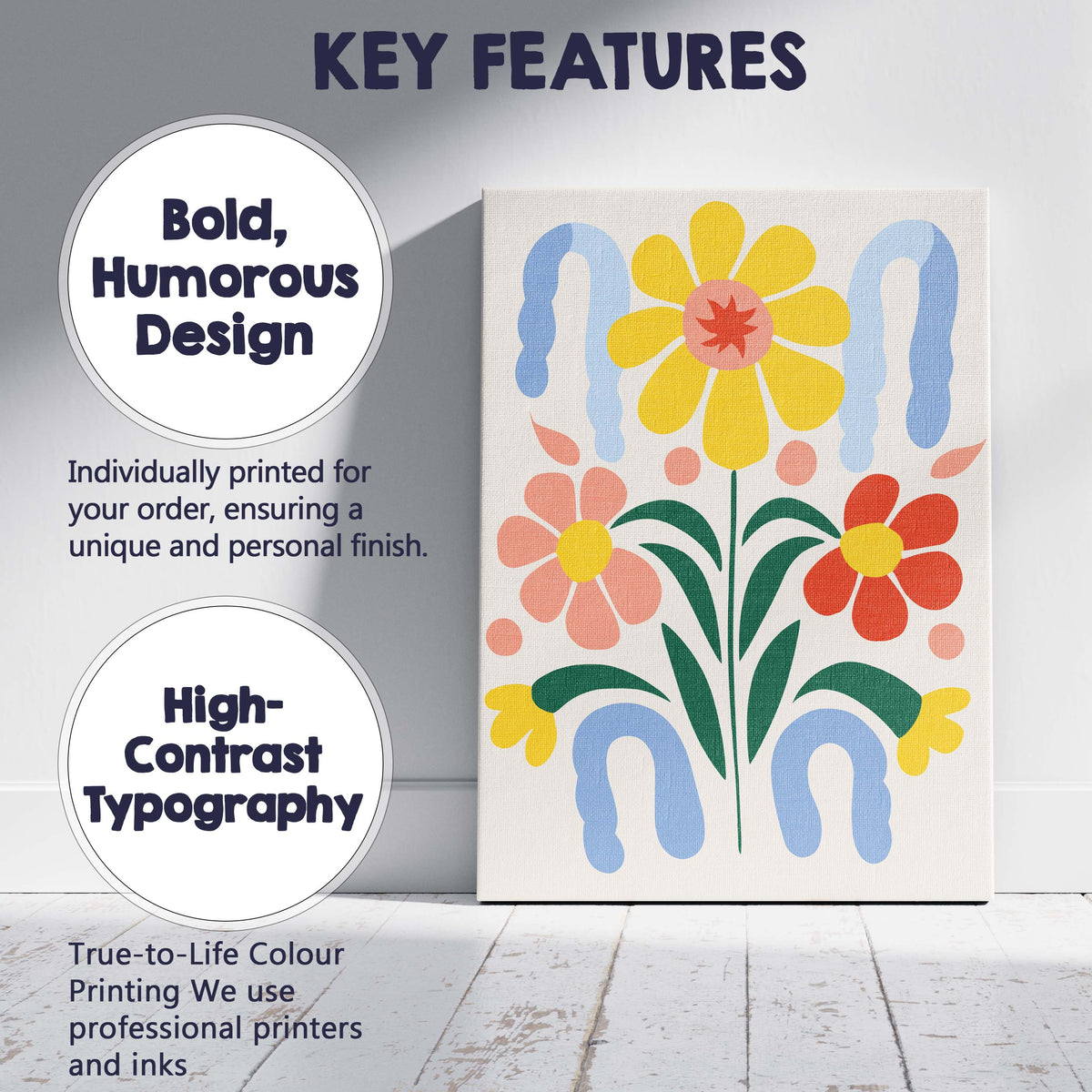 Nordic Floral Motif with Yellow Daisy and Decorative Blue Arches Canvas Wall Art Print Decor Picture Ready to Hang
