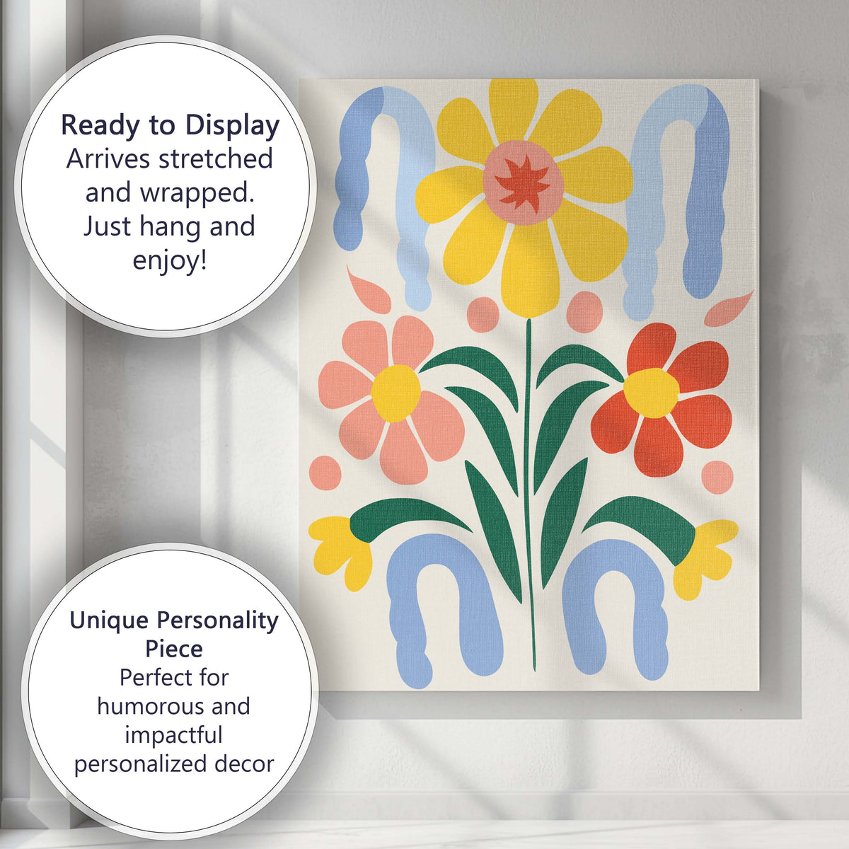 Nordic Floral Motif with Yellow Daisy and Decorative Blue Arches Canvas Wall Art Print Decor Picture Ready to Hang
