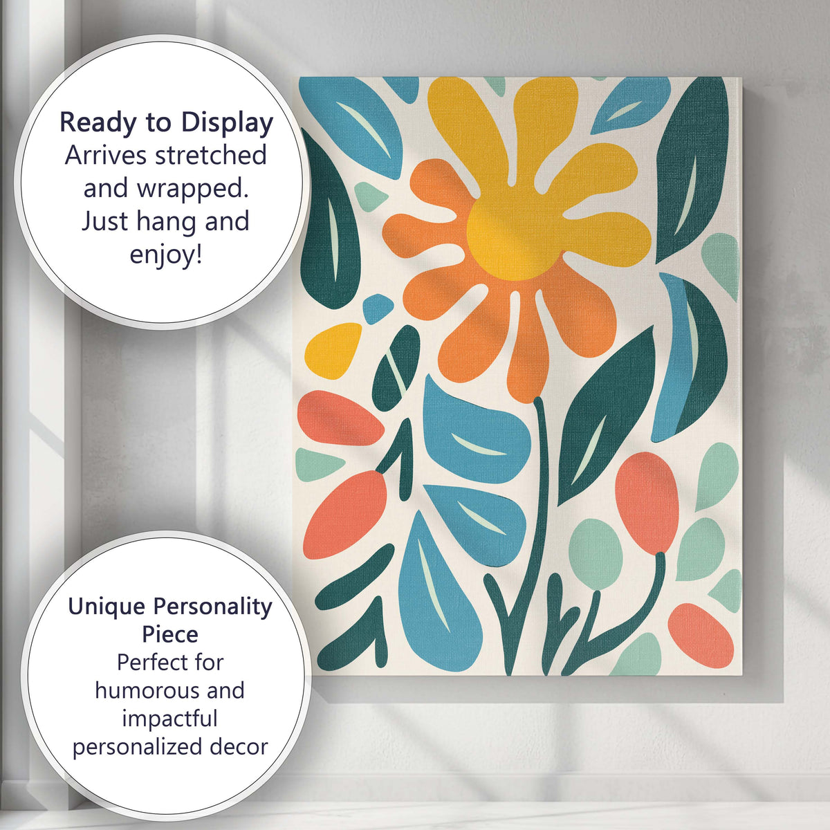 Modern Botanical Flower Illustration in Mustard Teal and Coral Tones Canvas Wall Art Print Decor Picture Ready to Hang