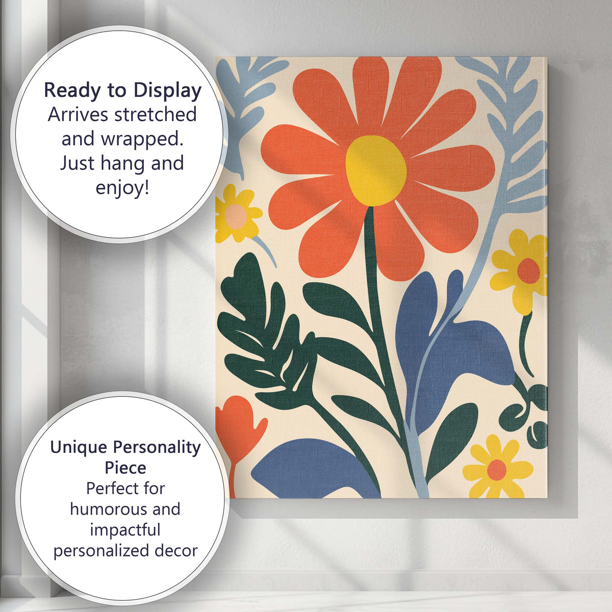 Scandinavian Wildflower Meadow with Coral Daisy and Botanical Leaves Canvas Wall Art Print Decor Picture Ready to Hang