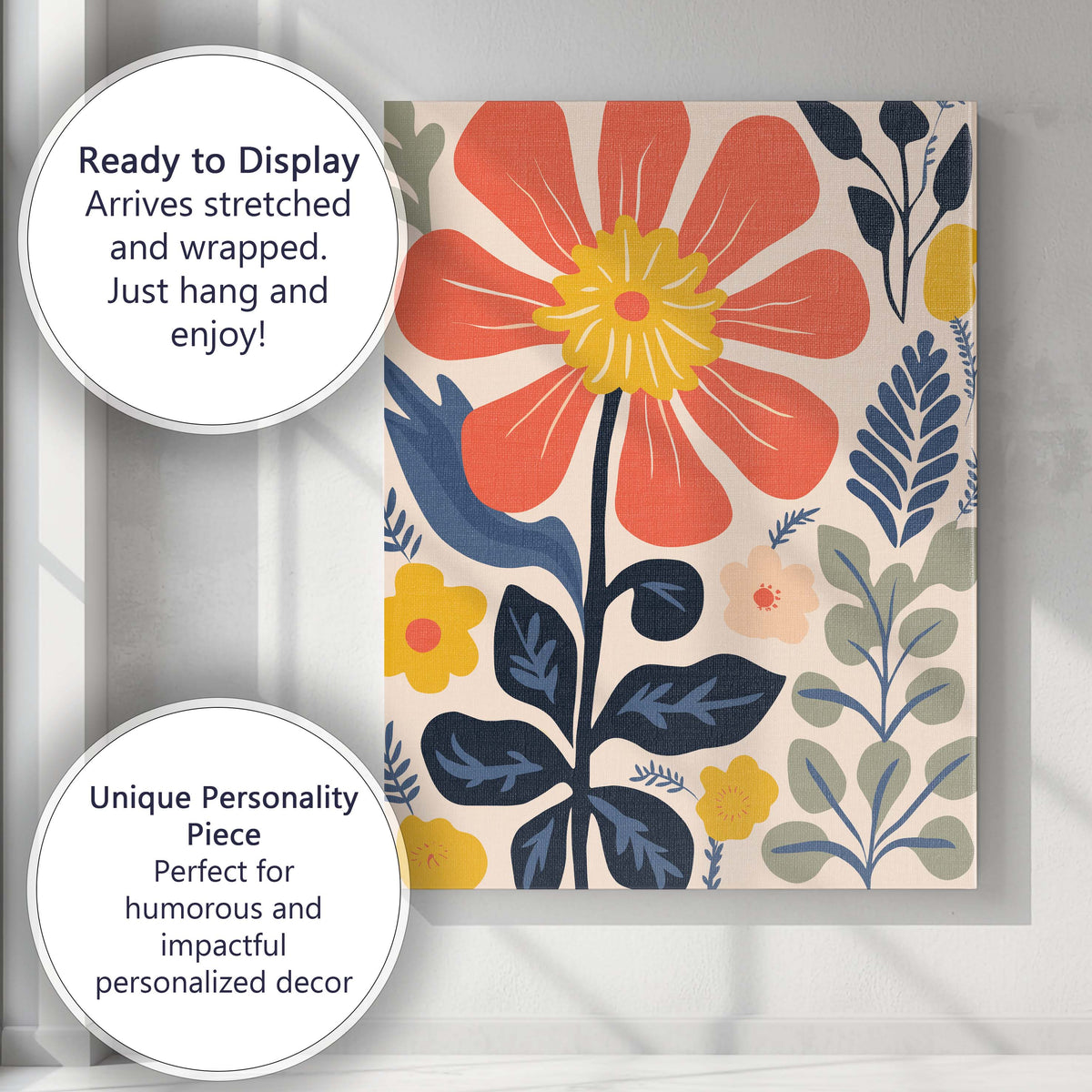 Folk Art Coral Flower with Navy Leaves Botanical Garden Canvas Wall Art Print Decor Picture Ready to Hang