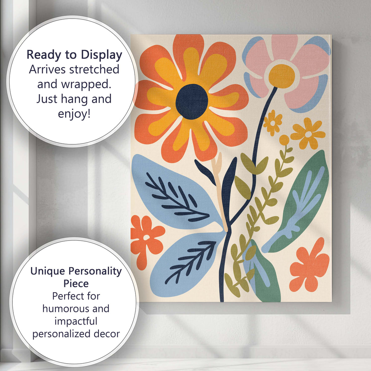 Mid Century Floral Stem with Orange Daisy and Pastel Leaves Canvas Wall Art Print Decor Picture Ready to Hang