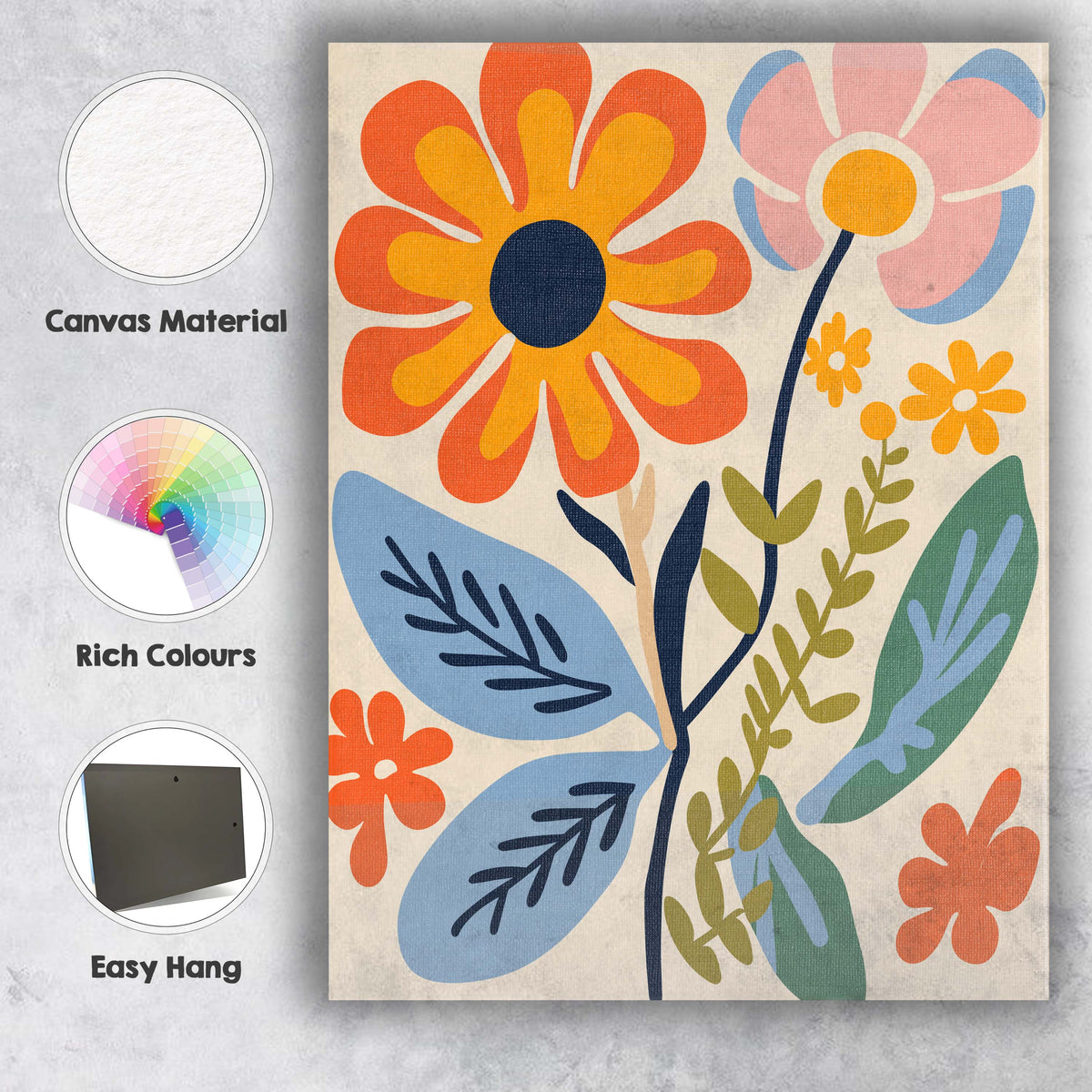 Mid Century Floral Stem with Orange Daisy and Pastel Leaves Canvas Wall Art Print Decor Picture Ready to Hang