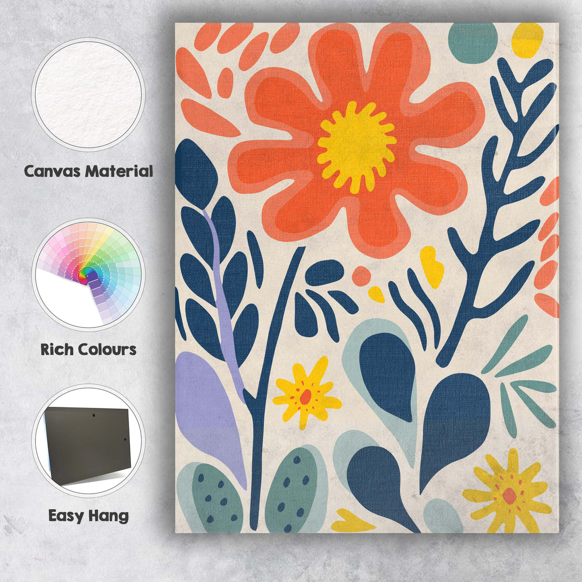 Abstract Coral Bloom and Navy Botanical Shapes Modern Floral Canvas Wall Art Print Decor Picture Ready to Hang