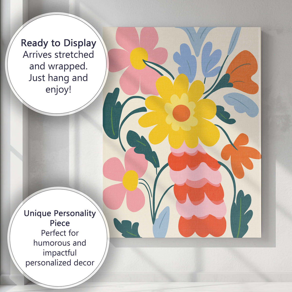 Whimsical Botanical Bouquet with Yellow Flower and Coral Blossoms Canvas Wall Art Print Decor Picture Ready to Hang