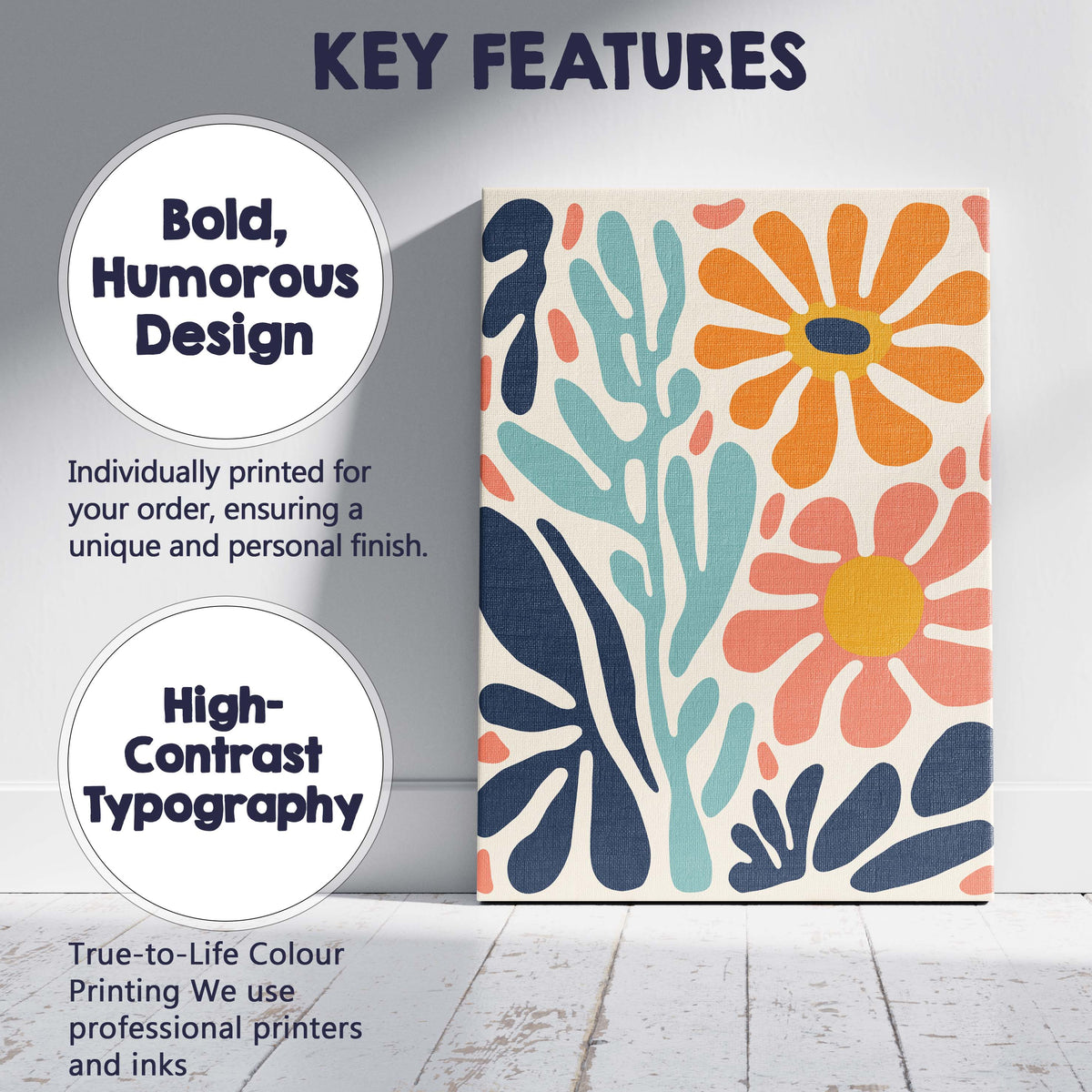 Abstract Coral and Orange Daisy Botanical Cutout Design Canvas Wall Art Print Decor Picture Ready to Hang