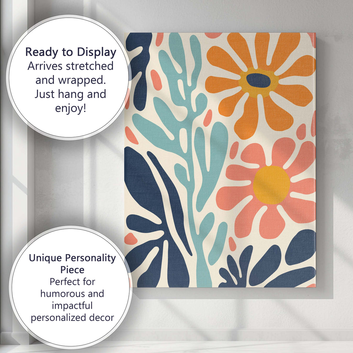 Abstract Coral and Orange Daisy Botanical Cutout Design Canvas Wall Art Print Decor Picture Ready to Hang