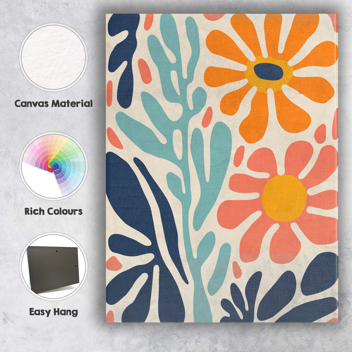 Abstract Coral and Orange Daisy Botanical Cutout Design Canvas Wall Art Print Decor Picture Ready to Hang