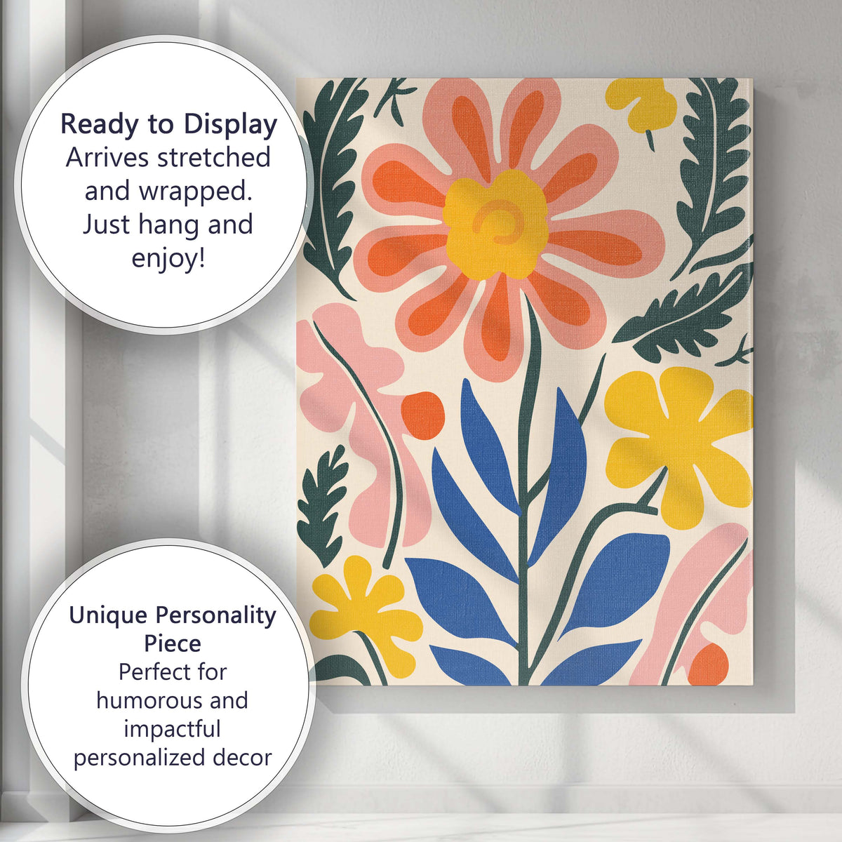 Nordic Floral Garden with Blue Leaves and Coral Blossom Canvas Wall Art Print Decor Picture Ready to Hang