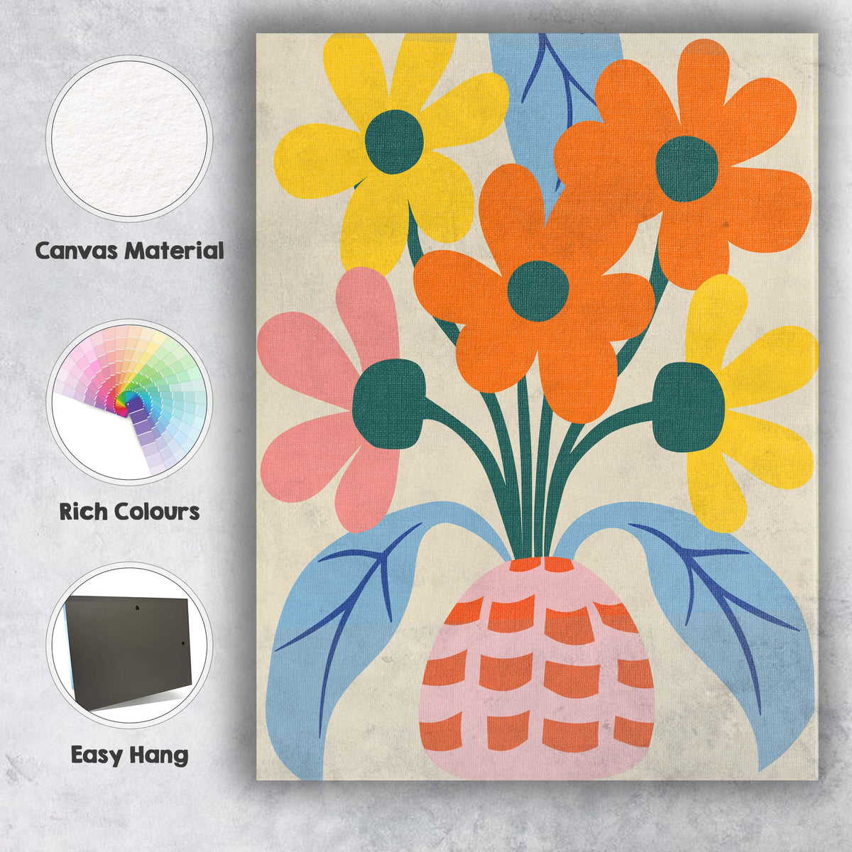 Scandinavian Flower Vase Arrangement with Pink Basket and Blue Leaves Canvas Wall Art Print Decor Picture Ready to Hang