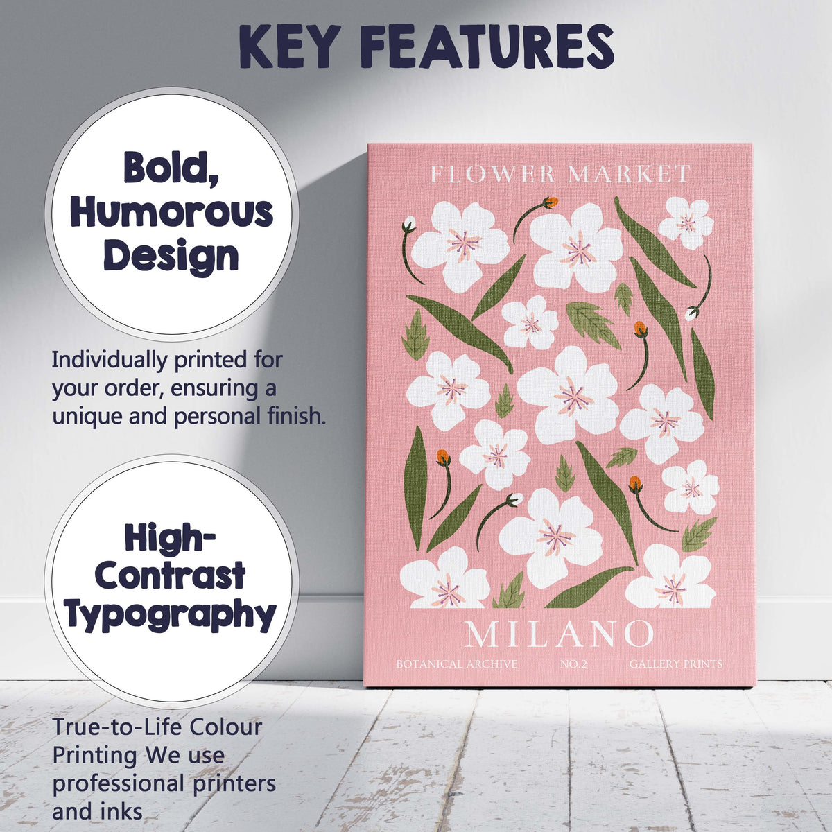 Milano Cherry Blossom Flower Market Pink Botanical Poster Canvas Wall Art Print Decor Picture Ready to Hang