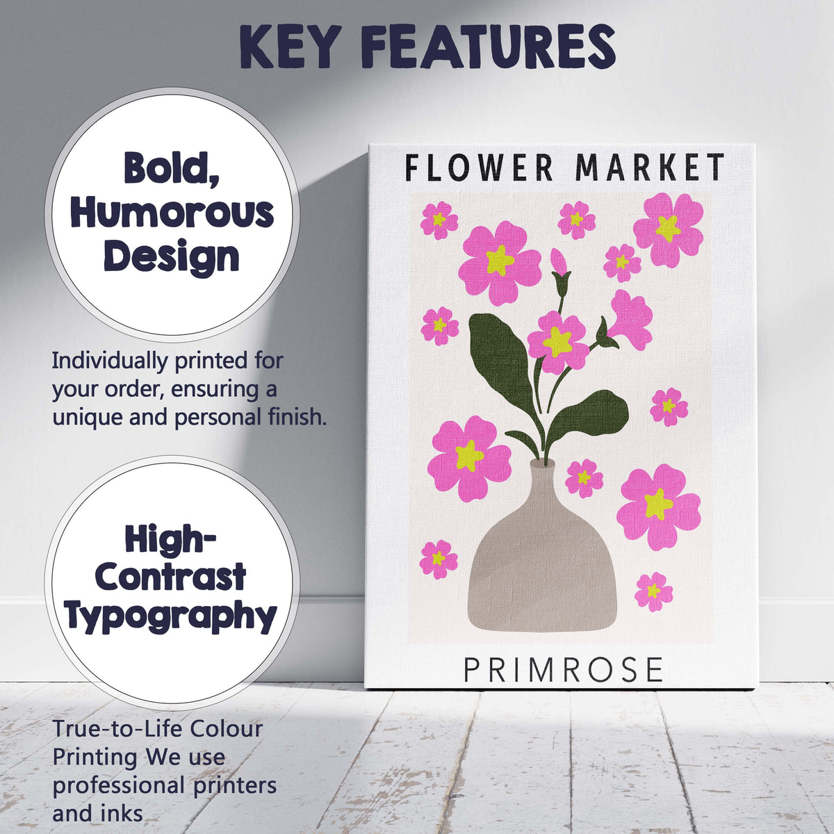 Pink Primrose Vase Arrangement Floral Market Artwork Canvas Wall Art Print Decor Picture Ready to Hang