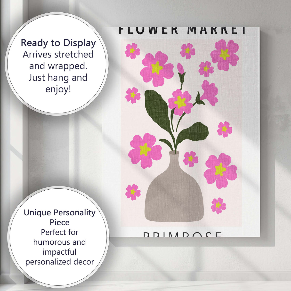 Pink Primrose Vase Arrangement Floral Market Artwork Canvas Wall Art Print Decor Picture Ready to Hang