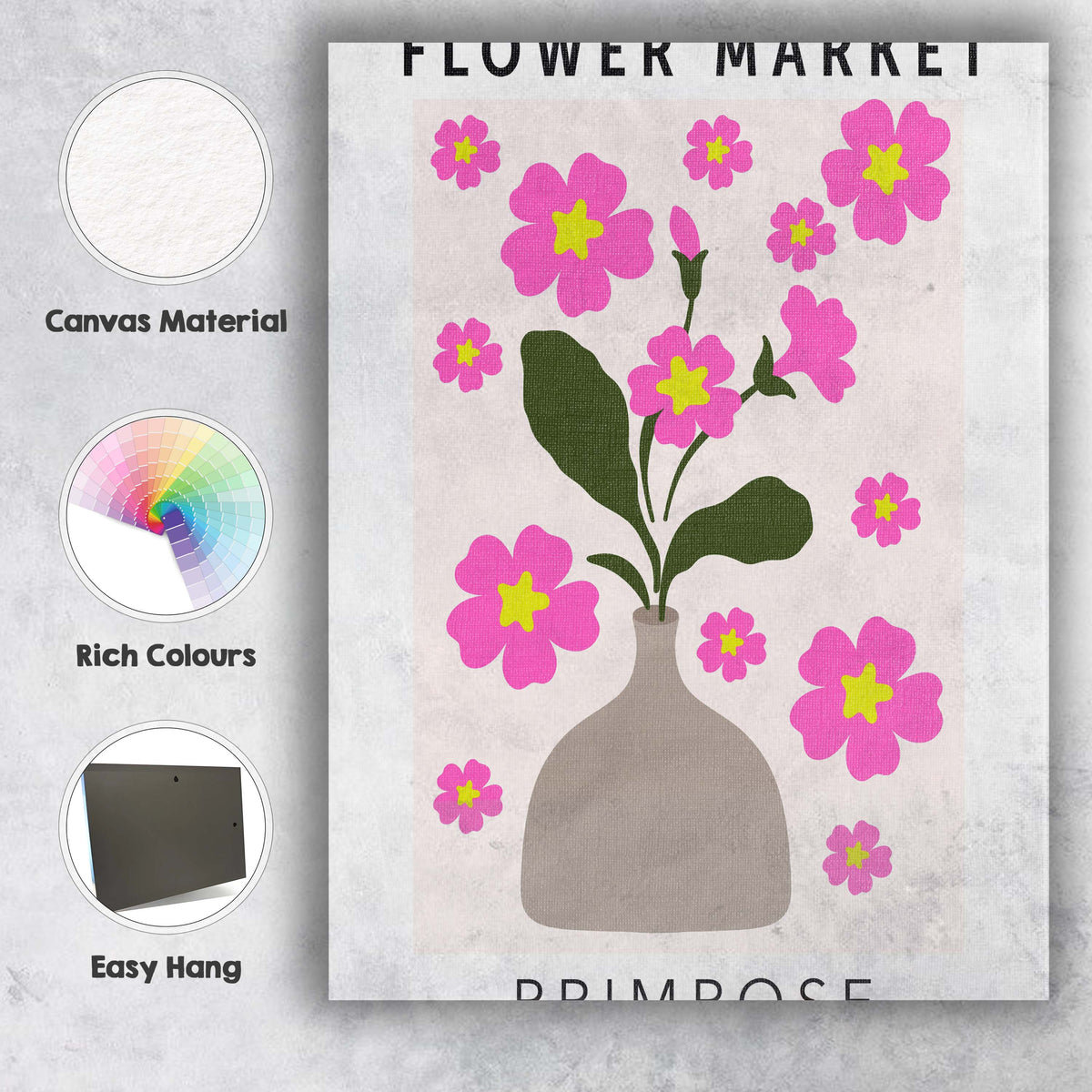Pink Primrose Vase Arrangement Floral Market Artwork Canvas Wall Art Print Decor Picture Ready to Hang