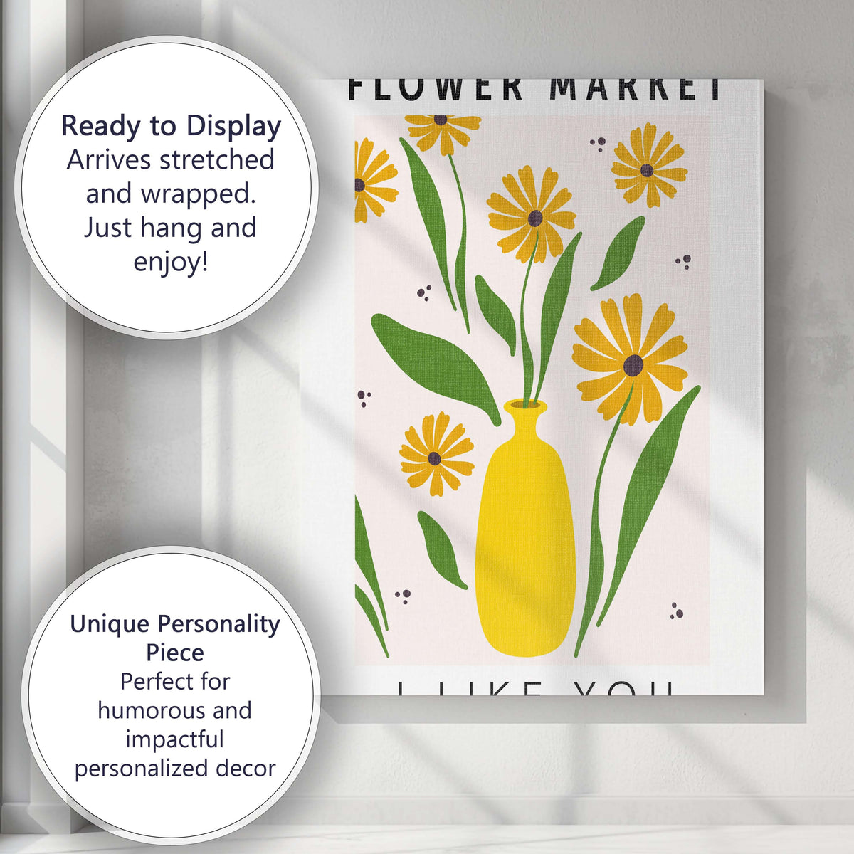 Yellow Daisy Bouquet in Bright Vase Scandinavian Floral Canvas Wall Art Print Decor Picture Ready to Hang