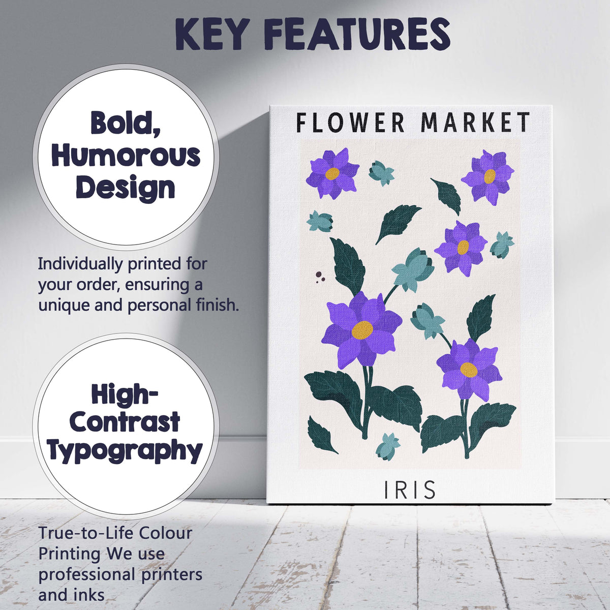 Purple Iris Floral Botanical Garden Illustration Contemporary Canvas Wall Art Print Decor Picture Ready to Hang